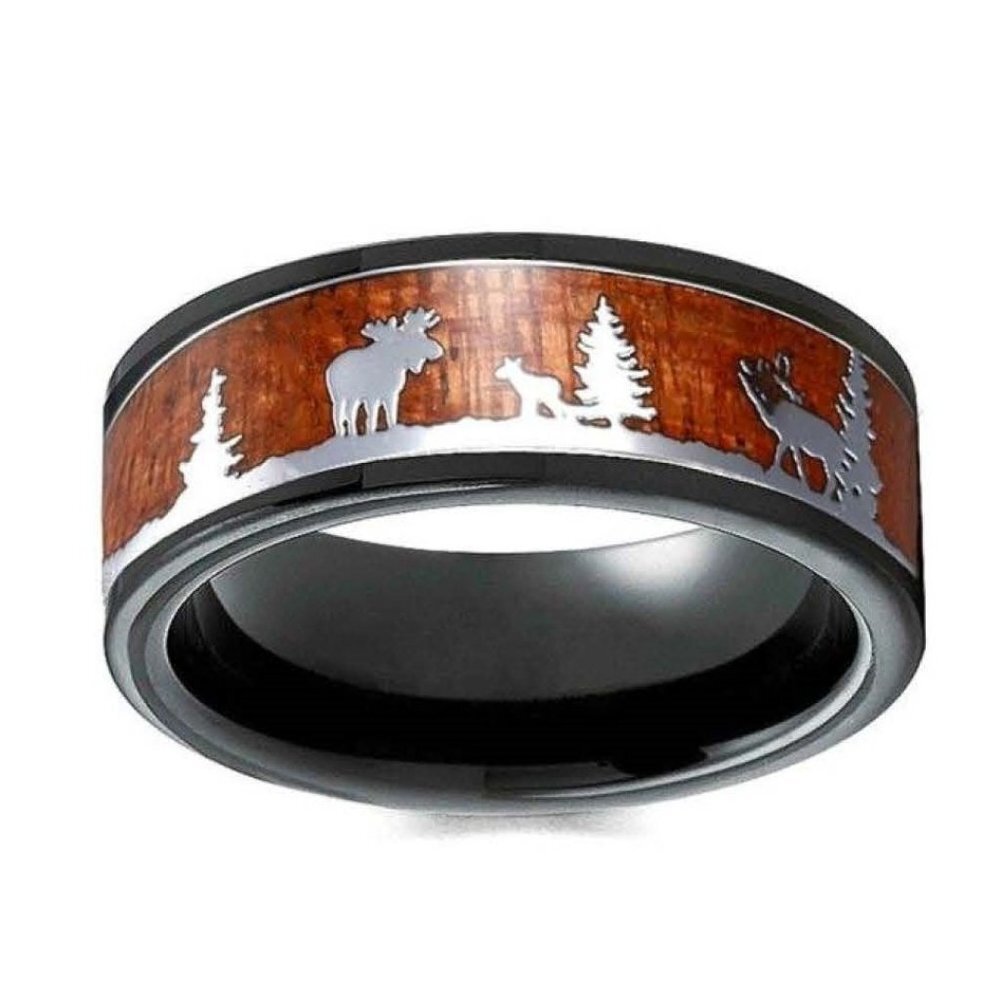 Oliver Black Tungsten Men's Ring; Wood Inlay; Moose Sillouette - Atlers-Trees
